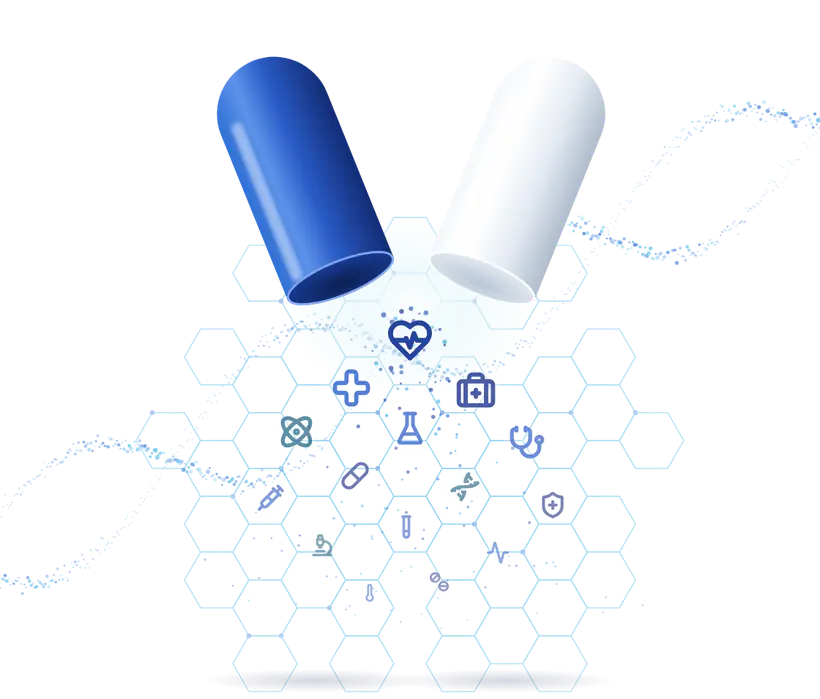 Open capsule releasing medical icons, specialty and cancer medicines delivered across Pakistan by MedHub